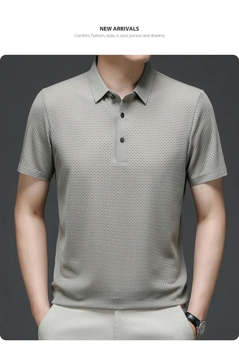 Summer New Men's Lop-up Hollow Short-sleeved Polo Tee Shirt Ice Silk Breathable Business Fashion T-Shirt Male Brand Clothes - Zen Fit Plus