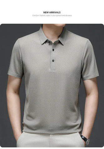 Summer New Men's Lop-up Hollow Short-sleeved Polo Tee Shirt Ice Silk Breathable Business Fashion T-Shirt Male Brand Clothes - Zen Fit Plus