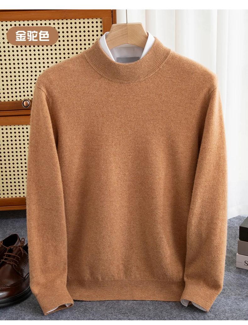 New Fashion Men's 100% Wool Pullover Half-high Collar Sweater Autumn Winter Warm Solid Color Knit Sweater Business Casual Top - Zen Fit Plus