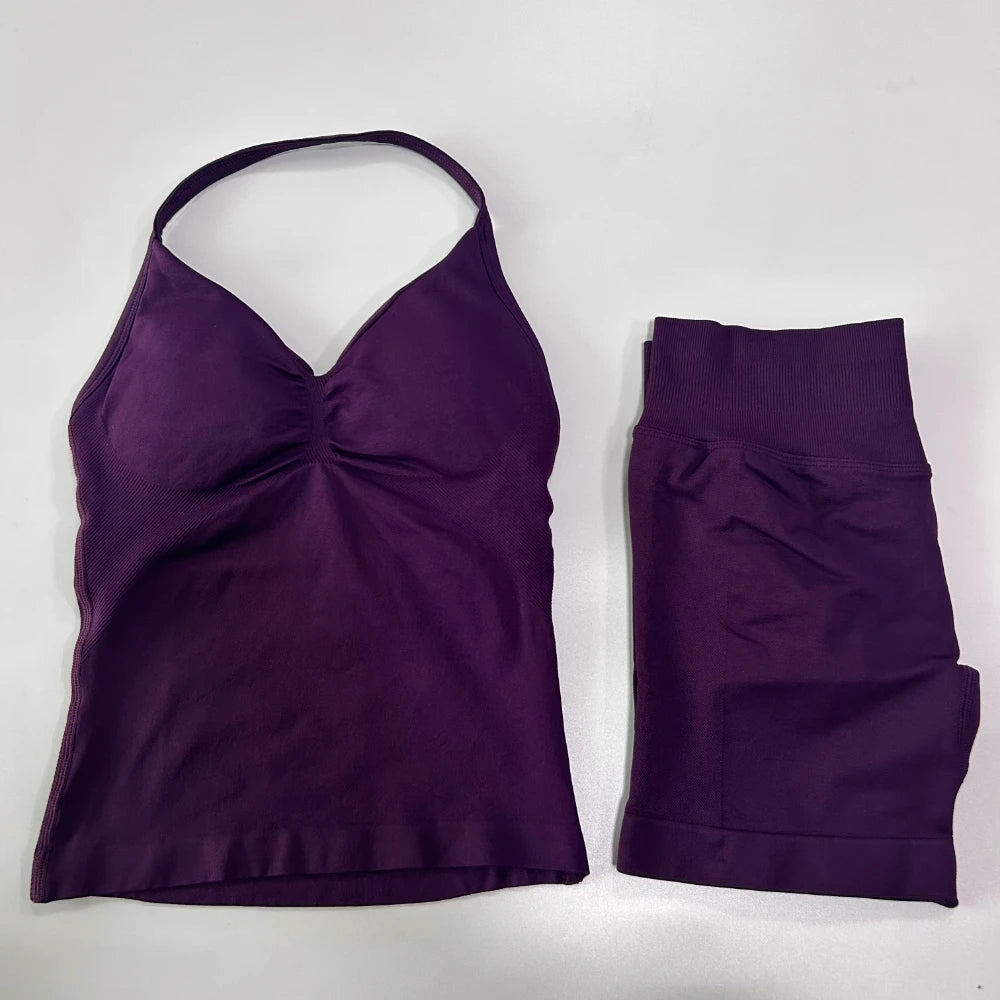 2Pcs Impact Gym Set Women Backless Tank Tops High Waist Scrunch Seamless Shorts Gym Suit Fitness Clothes Activewear Workout Sets Zen fit plus