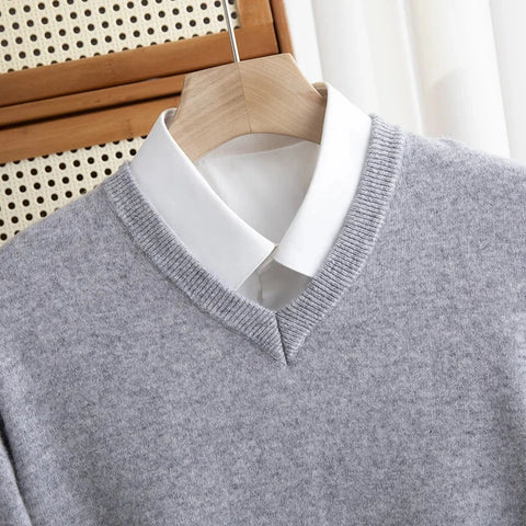 Men 100% Merino Wool Sweater V-Neck Pullover Autumn Winter Cashmere Warm Solid Knitwear Clothes Business Bottoming Soft Tops Zen Fit Plus
