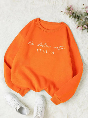 La Dolce Vita Italia Printed Womens Sweatshirt Crewneck Y2K Loose Clothing Multicolor Casual Pullover Fleece All-Match Top - Zen Fit Plus