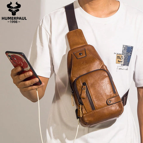 HUMERPAUL Men's Usb Chest Bag 100% Genuine Leather Crossbody Shoulder Bags Multifunction Travel Outdoor Messenger Pack Fashion Zen fit plus