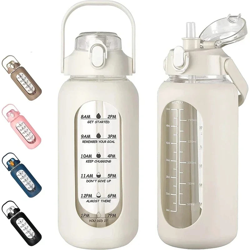 1000ML Glass Water Bottles With Straw, Glass Bottle With Silicone Sleeve And Time Marker, For Gym Camping Home Office Zen fit plus