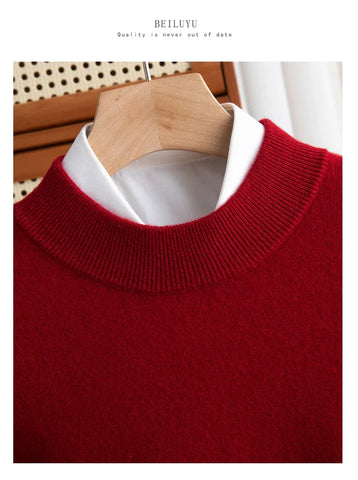 New Fashion Men's 100% Wool Pullover Half-high Collar Sweater Autumn Winter Warm Solid Color Knit Sweater Business Casual Top - Zen Fit Plus