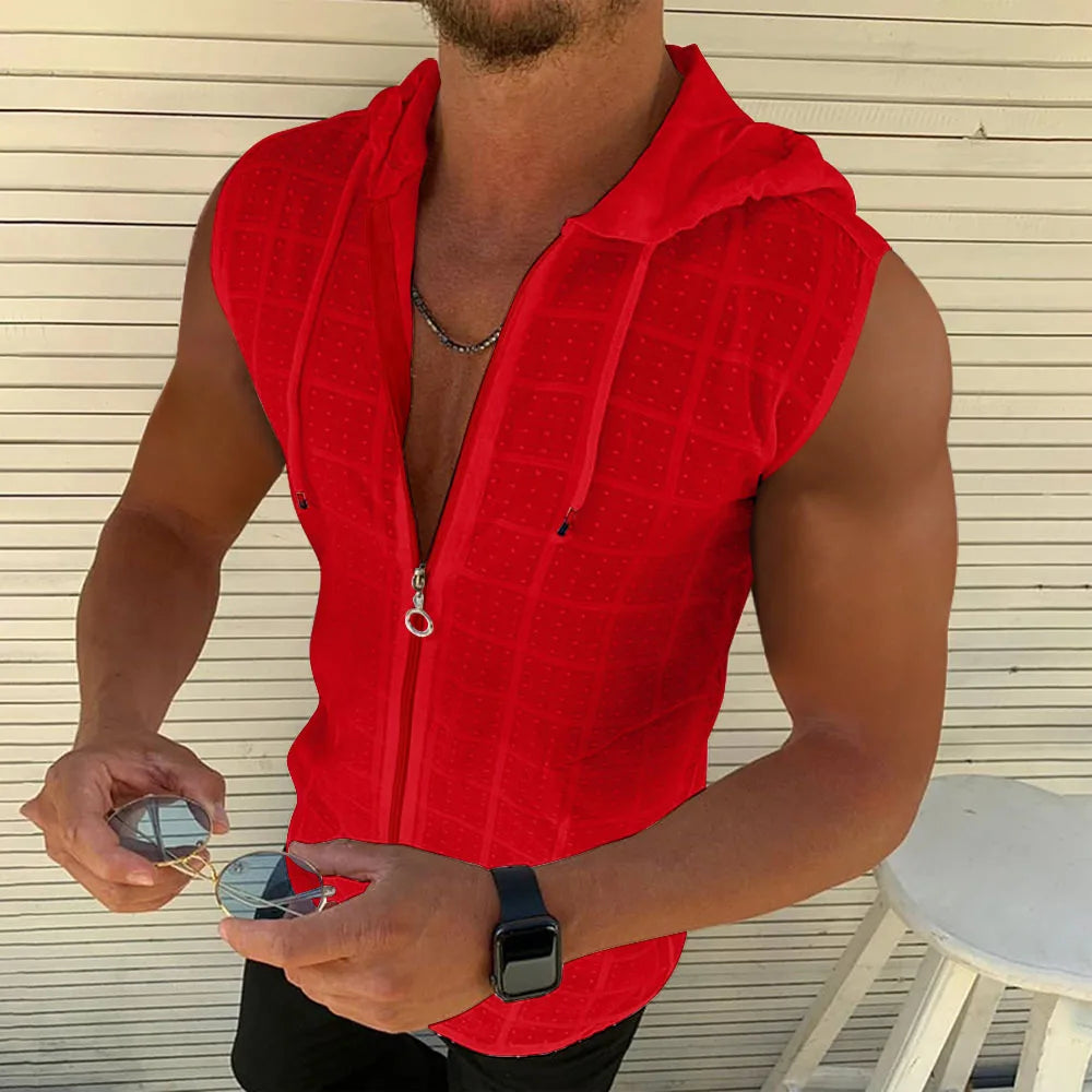 New men's fashion Summer Beach wind Sleeveless zipper hooded T-shirt Casual beach Tank hooded beach Sun-protective clothing Zen fit plus