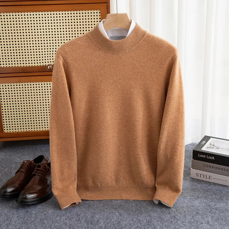 New Fashion Men's 100% Wool Pullover Half-high Collar Sweater Autumn Winter Warm Solid Color Knit Sweater Business Casual Top Zen Fit Plus