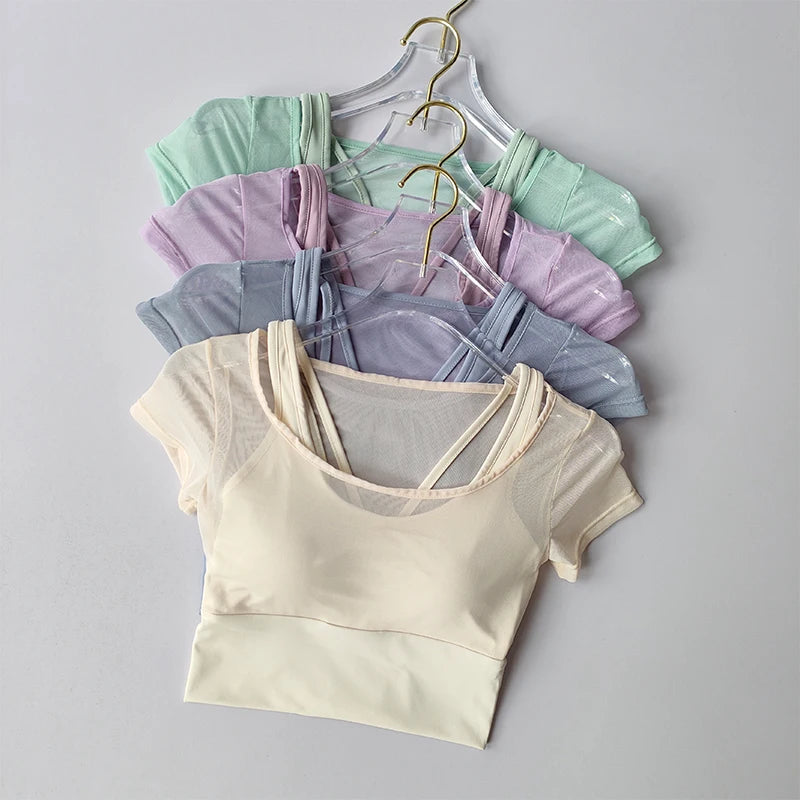Women's Pilates Training Fitness Suit Chest Cushion Yoga Suit Top Quick Drying High-end Feeling Sports Short Sleeved Breathable Zen fit plus