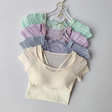Women's Pilates Training Fitness Suit Chest Cushion Yoga Suit Top Quick Drying High-end Feeling Sports Short Sleeved Breathable Zen fit plus