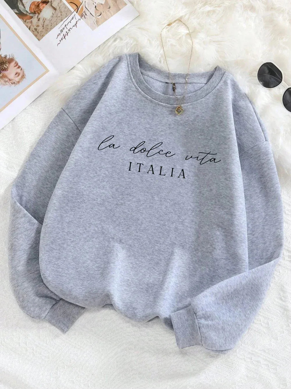 La Dolce Vita Italia Printed Womens Sweatshirt Crewneck Y2K Loose Clothing Multicolor Casual Pullover Fleece All-Match Top - Zen Fit Plus