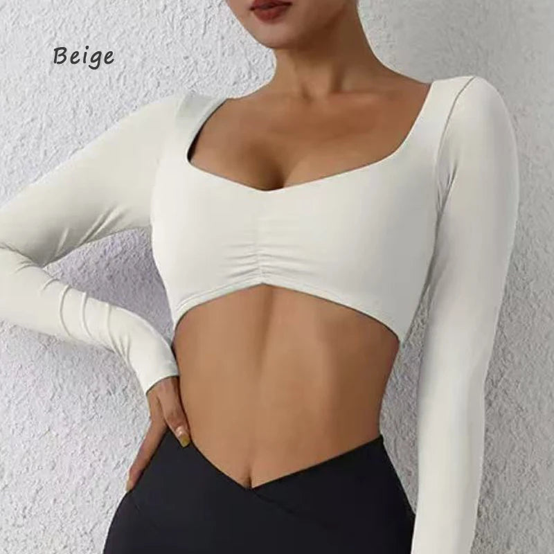 DIAS FIT JOY Nylon Gym Top Yoga long sleeved T-shirt tight pleated sports top women's waist tight yoga top Zen fit plus