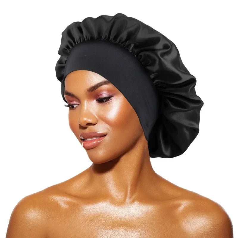 Women's Satin Solid Bonnets Wide-brimmed Night Sleeping Bathing Hat Unisex Head Wrap Elastic Band Cap Hair Care Bonnet Zen Fit Plus