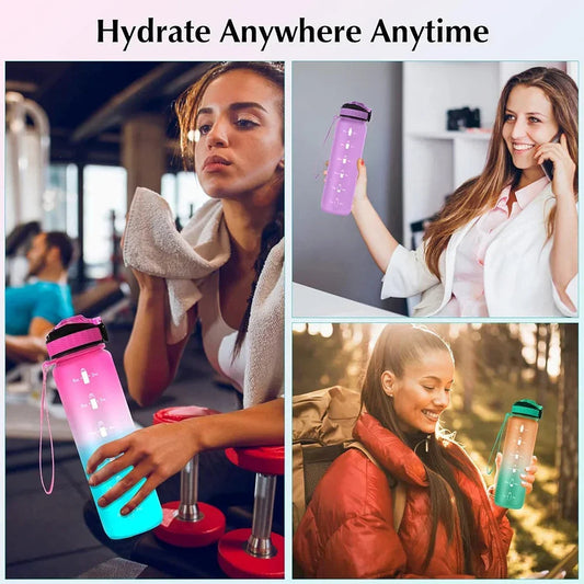 1L Gradient Color Motivational Sports Water Bottle with Time Marker Water Bottle with Straw for Office Exercise Gym Outdoor Zen fit plus