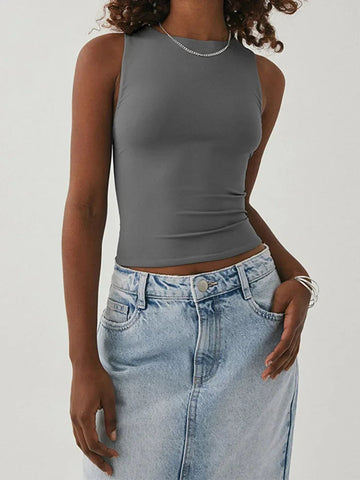 Summer Women Solid Sleeveless Sports Vest Sexy and Fashionable Slim Fit Round Neck Vest Running Sports Yoga Fitness Top Zen fit plus