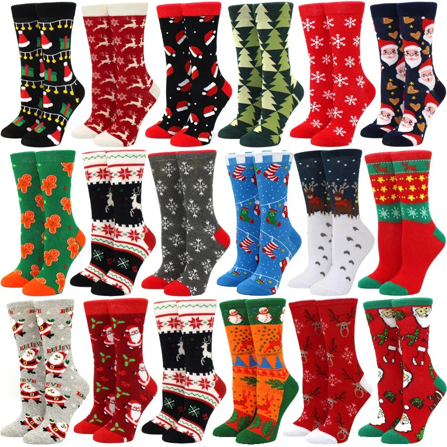 1 pair of Christmas tree, old man and reindeer fashion trend ladies Christmas medium cotton socks - Zen Fit Plus