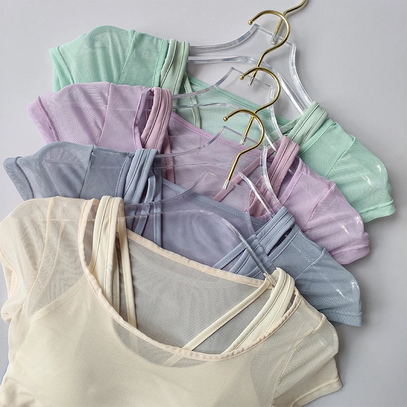 Women's Pilates Training Fitness Suit Chest Cushion Yoga Suit Top Quick Drying High-end Feeling Sports Short Sleeved Breathable Zen fit plus