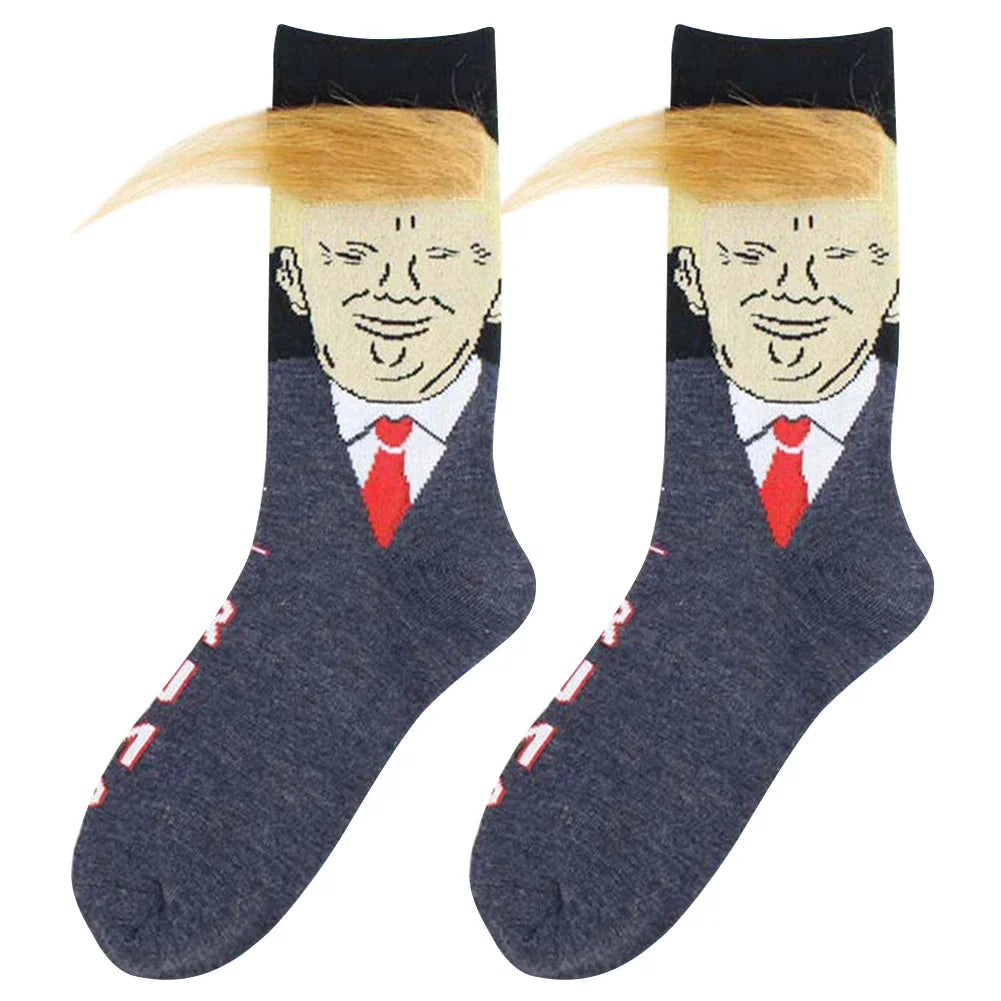 Socks Spoof Funny Donald Trump Socks With 3D Fake Hair Crew Socks Men Women Compression Socks Streetwear Hip Hop Sokken Homme Zen fit plus