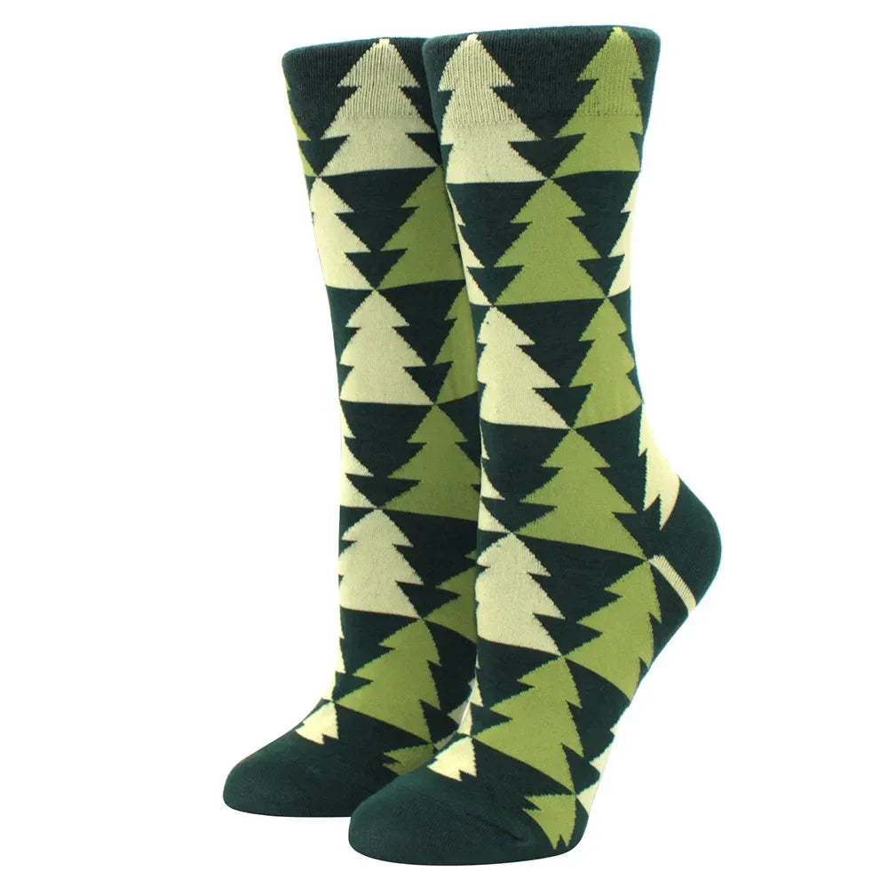 1 pair of Christmas tree, old man and reindeer fashion trend ladies Christmas medium cotton socks - Zen Fit Plus