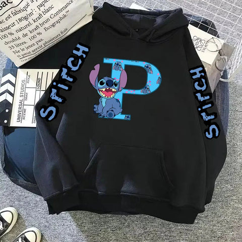 2024 Women's Winter Jacket Cute Kawaii Disney Lilo & Stitch Lucky Letter Print Black Hoodie Fashion Couple Streetwear Sportswear Zen fit plus