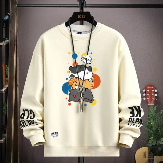 Spring Men's Sweatshirt Japan Cartoon Cats Printed Long Sleeve T-shirt Fashion Men's Clothing Khaki O Neck Harajuku Top 2024 New Zen Fit Plus