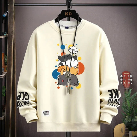 Spring Men's Sweatshirt Japan Cartoon Cats Printed Long Sleeve T-shirt Fashion Men's Clothing Khaki O Neck Harajuku Top 2024 New Zen Fit Plus