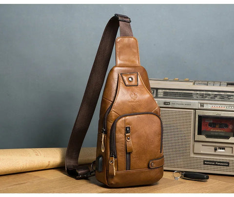 HUMERPAUL Men's Usb Chest Bag 100% Genuine Leather Crossbody Shoulder Bags Multifunction Travel Outdoor Messenger Pack Fashion - Zen Fit Plus