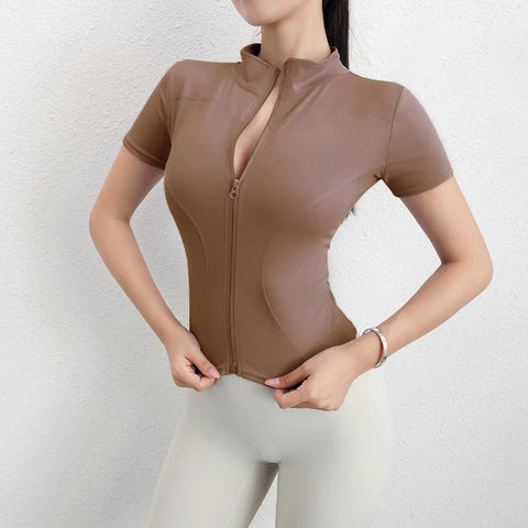 Sportswear Quick Drying Sexy Zipper Short Sleeve Women's Sports Fitness Yoga Wear Yoga Top Zen fit plus