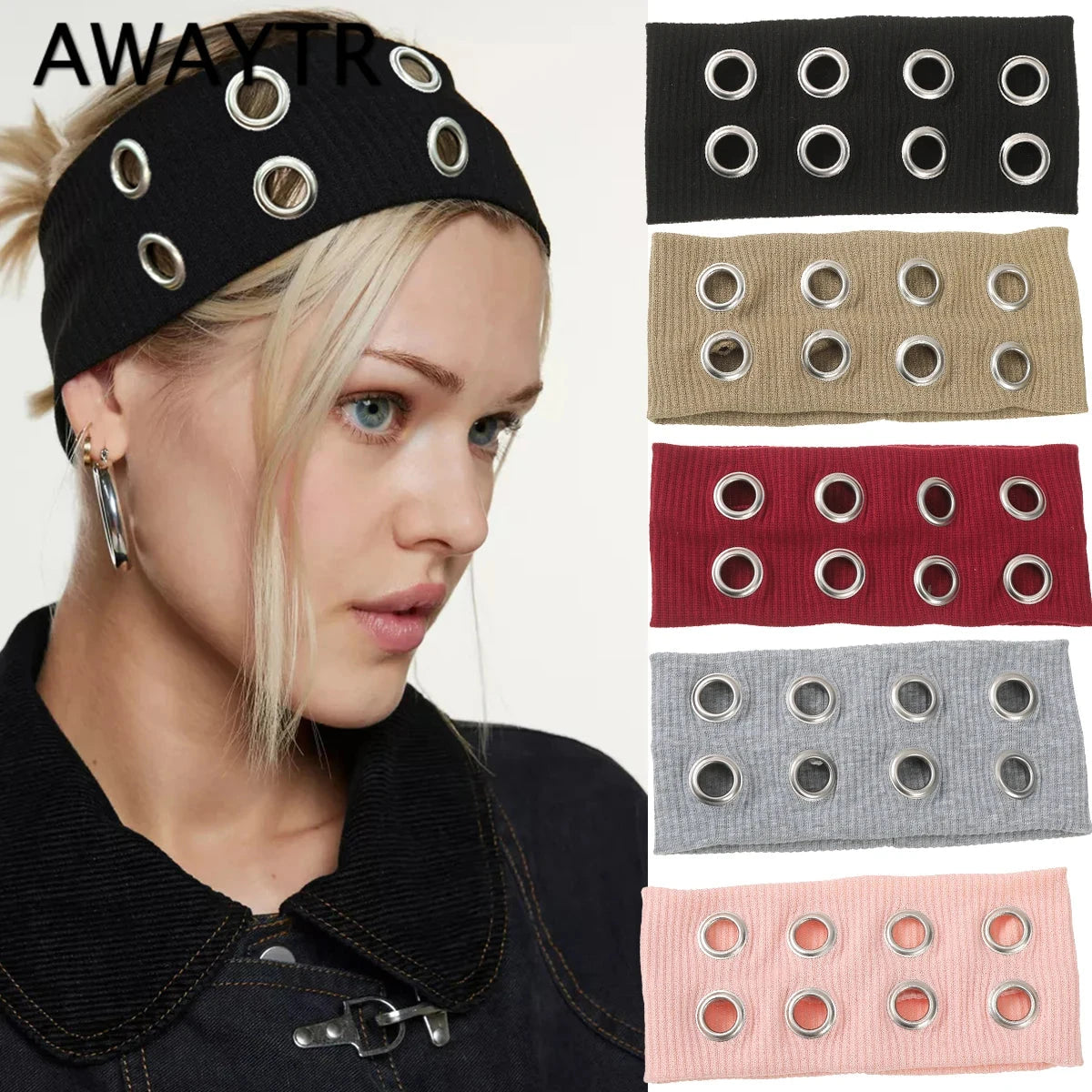 AWAYTR Punk Girl Fabric Hollow Elastic Headbands Metal Rock Personalized Hollow Eyelets Hair Band Casual Sports Grommet Headband Zen Fit Plus