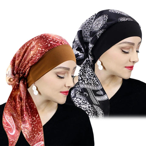 Printed Pre-tie Headscarf Women Elastic Muslim Female Turban Cancer Chemo Hat Hair Loss Cover Head Wrap Headwear Stretch Bandana Zen Fit Plus