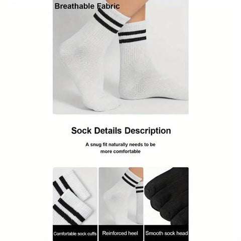 6 Pairs High Tube Mid Length Stockings Set For Men in Solid Black And White With Parallel Bars Popular and Sweat Absorption - Zen Fit Plus