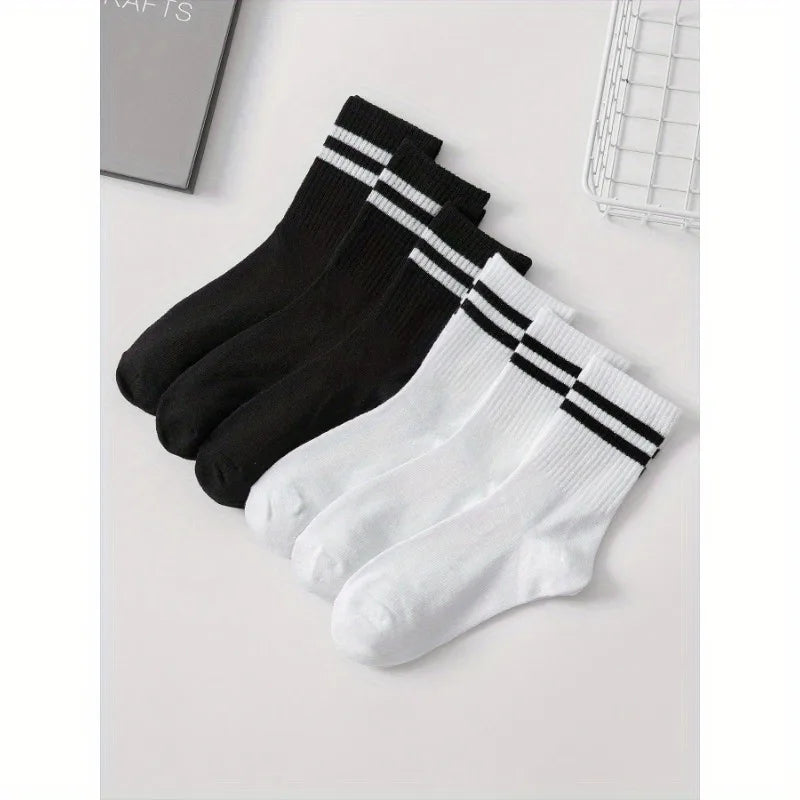 6 Pairs High Tube Mid Length Stockings Set For Men in Solid Black And White With Parallel Bars Popular and Sweat Absorption Zen fit plus