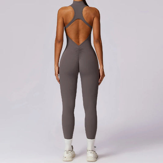 V Back One-piece Suit Women Sports Jumpsuit  Zippers Yoga Rompers Backless Sportswear Women Sleeveles Workout Bodysuits Female Zen fit plus