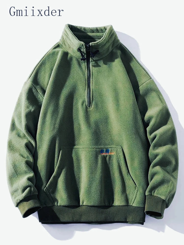 Gmiixder Half-zip Hoodless Sweatshirt Autumn Winter Stand-up Collar Shirt Oversize Velevet Tops Lovers Trend Polar Fleece Jacket Zen Fit Plus
