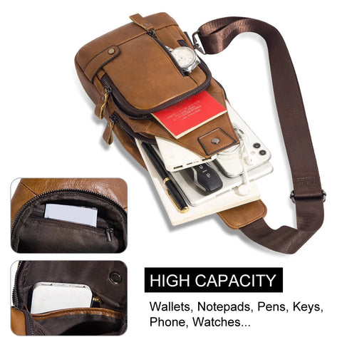 HUMERPAUL Men's Usb Chest Bag 100% Genuine Leather Crossbody Shoulder Bags Multifunction Travel Outdoor Messenger Pack Fashion Zen fit plus
