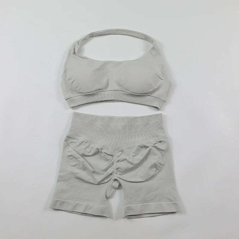 Seamless Fitness Yoga Set Women Gym Clothes Halter Sports Bra Matching Impact Shorts 2 Piece Workout Sets Outfit Zen fit plus