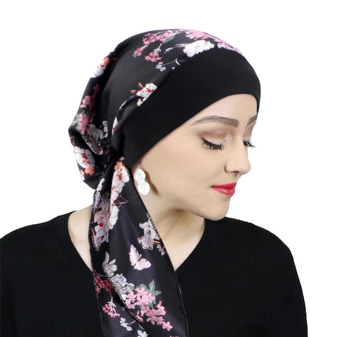 Printed Pre-tie Headscarf Women Elastic Muslim Female Turban Cancer Chemo Hat Hair Loss Cover Head Wrap Headwear Stretch Bandana Zen Fit Plus
