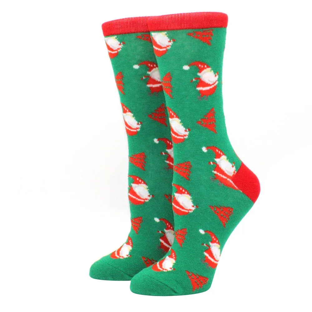 1 pair of Christmas tree, old man and reindeer fashion trend ladies Christmas medium cotton socks - Zen Fit Plus