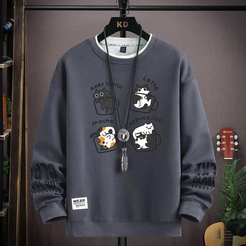 Spring Men's Sweatshirt Japan Cartoon Cats Printed Long Sleeve T-shirt Fashion Men's Clothing Khaki O Neck Harajuku Top 2024 New Zen Fit Plus