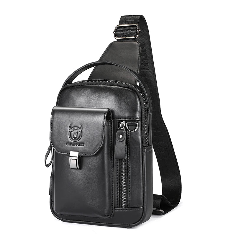 BULLCAPTAIN Men's Genuine Leather Chest Bag Casual Retro 7.9-inch Mobile Phone Bag Multifunctional Anti-Theft Crossbody Bag Zen fit plus