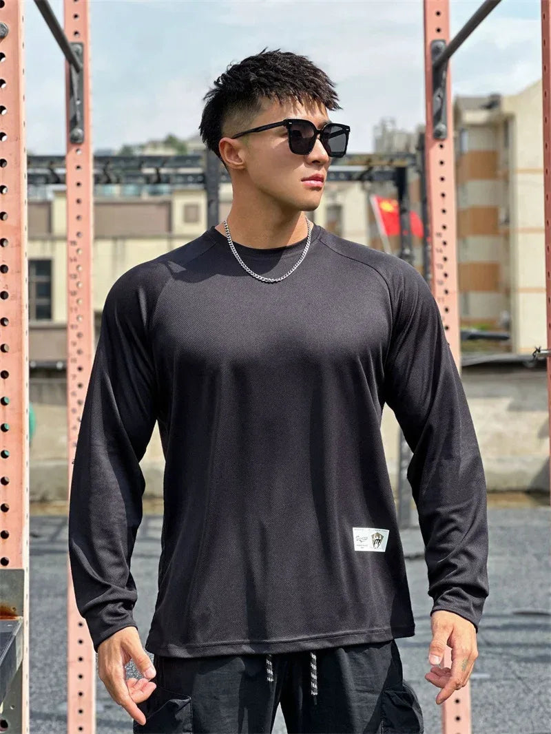 High quality Autumn men long sleeved T-shirt Fashion sport Round Collar fitness running mesh Breathability Training T-shirt men - Zen Fit Plus
