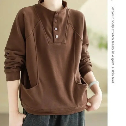 Warm Thermal Sweatshirt Women's Loose Cover-up Design Button Half High Collar Velvet Polyester Full Sleeve Casual Top - Zen Fit Plus