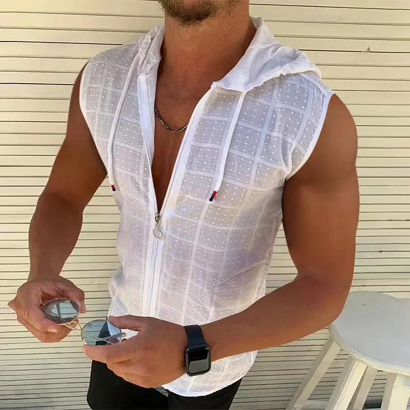 New men's fashion Summer Beach wind Sleeveless zipper hooded T-shirt Casual beach Tank hooded beach Sun-protective clothing Zen fit plus