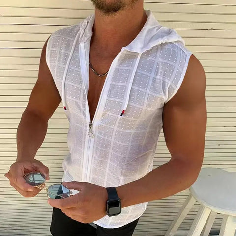 New men's fashion Summer Beach wind Sleeveless zipper hooded T-shirt Casual beach Tank hooded beach Sun-protective clothing Zen fit plus