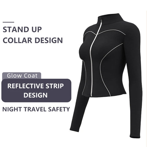Slim Yoga Reflective Long Sleeved Women Sport Jacket Zipper Gym Fitness Coat Yoga Tops With Thumb Holes Running Cycling Jacket Zen fit plus