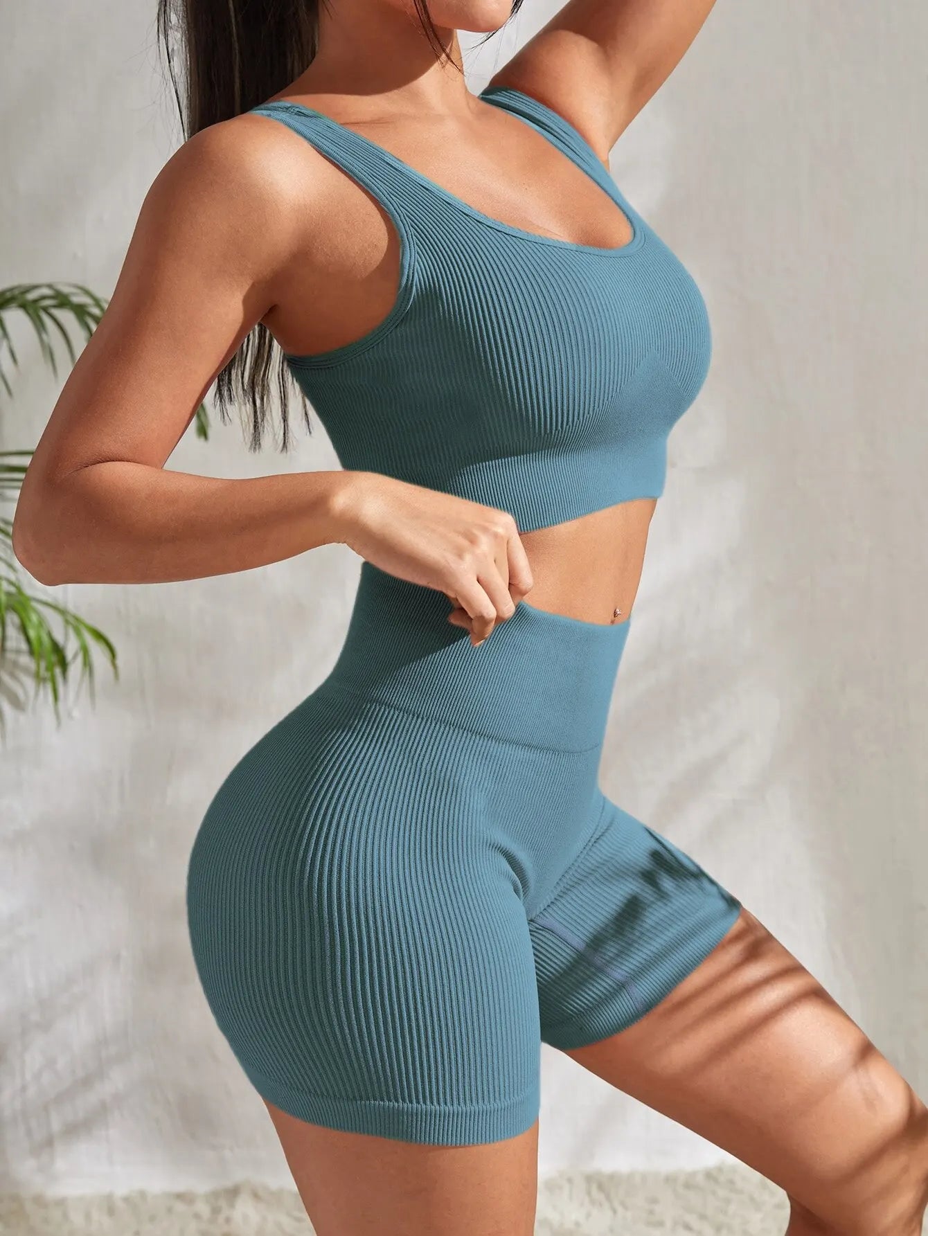 Seamless Ribbed Yoga Sets Workout Sets for Women 2 Pieces Gym Suits Ribbed Crop Tank High Waist Shorts Outfits Fitness Running Zen fit plus