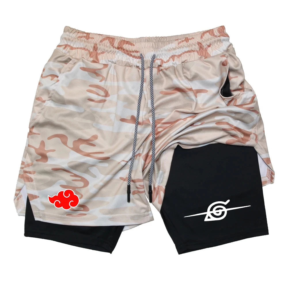 Men Anime Double Layer Shorts Gym Workout Printed Sports Multi-Performance Training Quick-Drying Jogging Pants Towel Pants M-3XL Zen fit plus