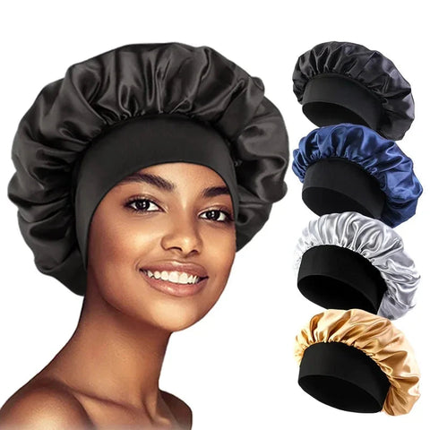 Women's Satin Solid Bonnets Wide-brimmed Night Sleeping Bathing Hat Unisex Head Wrap Elastic Band Cap Hair Care Bonnet Zen Fit Plus