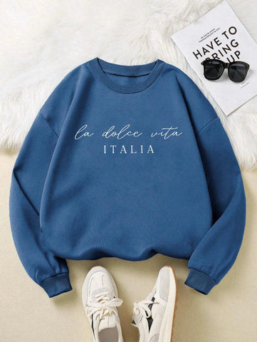 La Dolce Vita Italia Printed Womens Sweatshirt Crewneck Y2K Loose Clothing Multicolor Casual Pullover Fleece All-Match Top - Zen Fit Plus