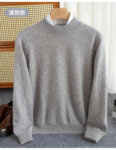 New Fashion Men's 100% Wool Pullover Half-high Collar Sweater Autumn Winter Warm Solid Color Knit Sweater Business Casual Top - Zen Fit Plus