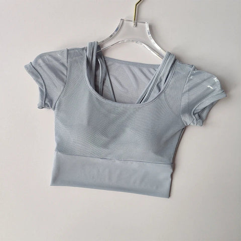 Women's Pilates Training Fitness Suit Chest Cushion Yoga Suit Top Quick Drying High-end Feeling Sports Short Sleeved Breathable Zen fit plus